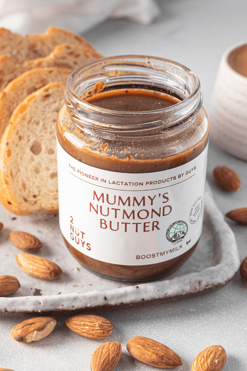 an open jar of 2NUTGUY's Mummy's Nutmond Butter with Halal logo